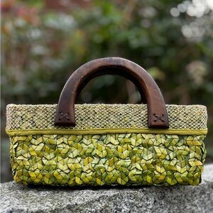 Green Woven  Thai Handbag with Wooden Handles Summer Vacation Bag